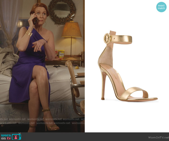 Portofino 105mm leather sandals by Gianvito Rossi worn by Miranda Hobbs (Cynthia Nixon) on And Just Like That