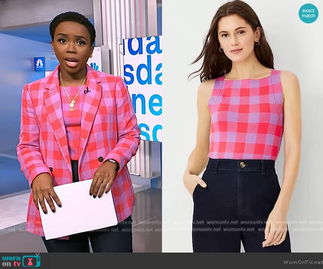 Ann Taylor Gingham Plaid Sweater Shell worn by Zinhle Essamuah on NBC News Daily