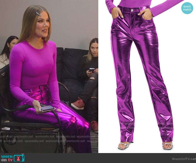 Good American Good Icon High Rise Straight Faux Leather Jeans in Powder Purple Metallic worn by Khloe Kardashian (Khloe Kardashian) on The Kardashians