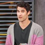 Darren Criss’s gray and pink cardigan on Access Hollywood