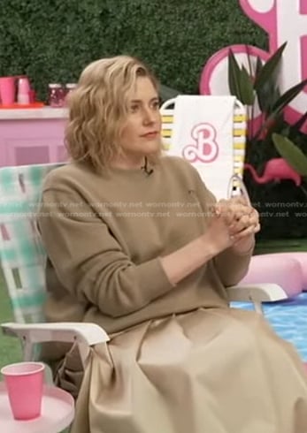 Greta Gerwig’s beige logo sweater on Good Morning America