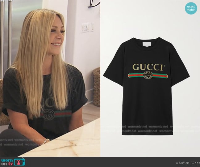 Gucci Oversized appliquéd printed cotton-jersey T-shirt worn by Tamra Judge on The Real Housewives of Orange County