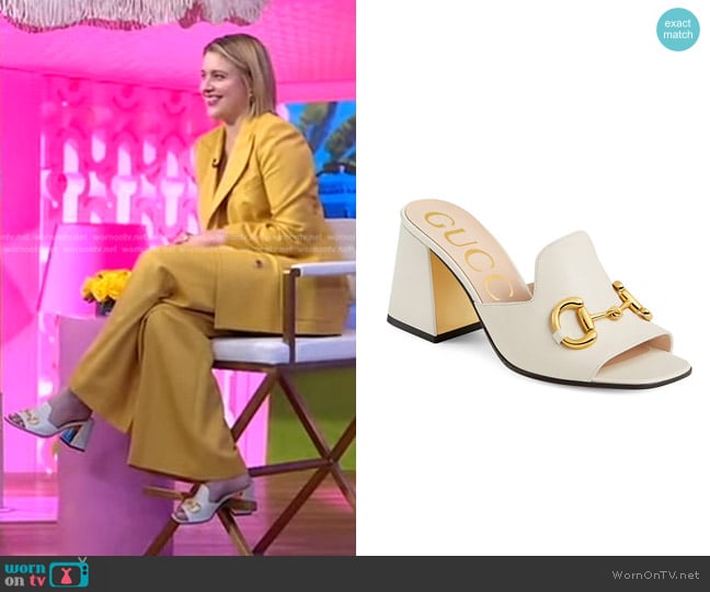 Gucci Slide Sandal With Horsebit worn by Greta Gerwig on Good Morning America