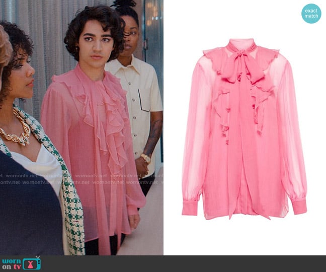 Gucci Ruffle-trimmed Georgette Tie-neck Blouse worn by Marco Mejia (Miss Benny) on Glamorous