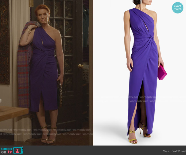 Halston Celeste one-shoulder draped ponte gown worn by Miranda Hobbs (Cynthia Nixon) on And Just Like That