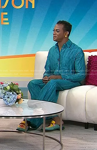 J. Harrison Ghee's teal pleated jumpsuit on Today