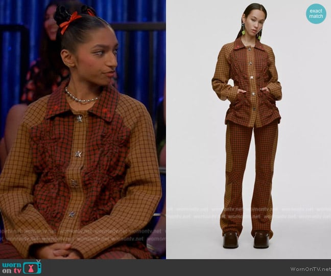 Marc Jacobs X Kiko Kostadinov and Heaven Plaid ruffle Top worn by Zaara (Tara Raani) on Grown-ish