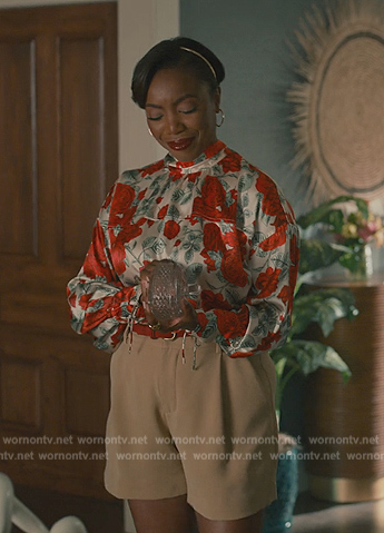 Helen's floral print satin blouse on Sweet Magnolias