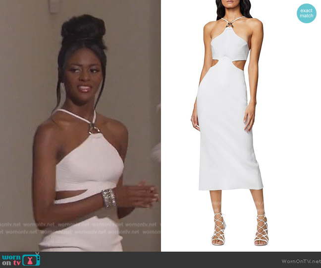 Herve Leger Hardware Halter Midi Dress worn by Charity Lawson on The Bachelorette