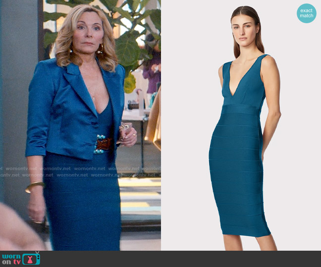 Herve Leger Icon Cocktail Dress in Dark Teal worn by Madolyn Addison (Kim Cattrall) on Glamorous