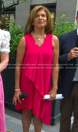 Hoda's pink ruffle front sleeveless dress on Today