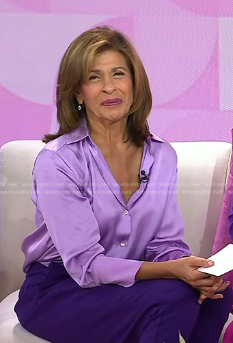 Hoda’s purple satin blouse and pants on Today