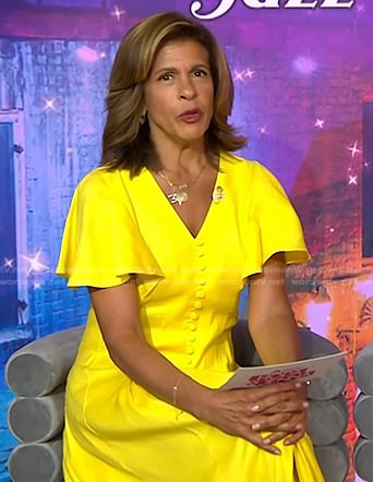 Hoda’s yellow button front v-neck dress on Today