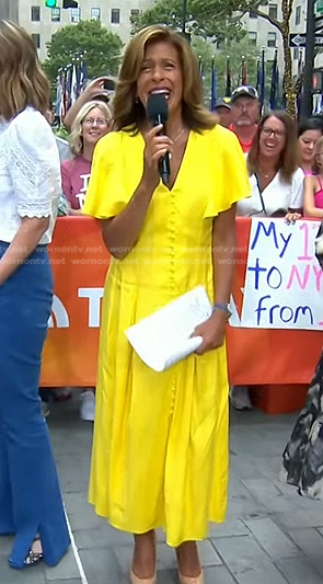 Hoda’s yellow button front v-neck dress on Today