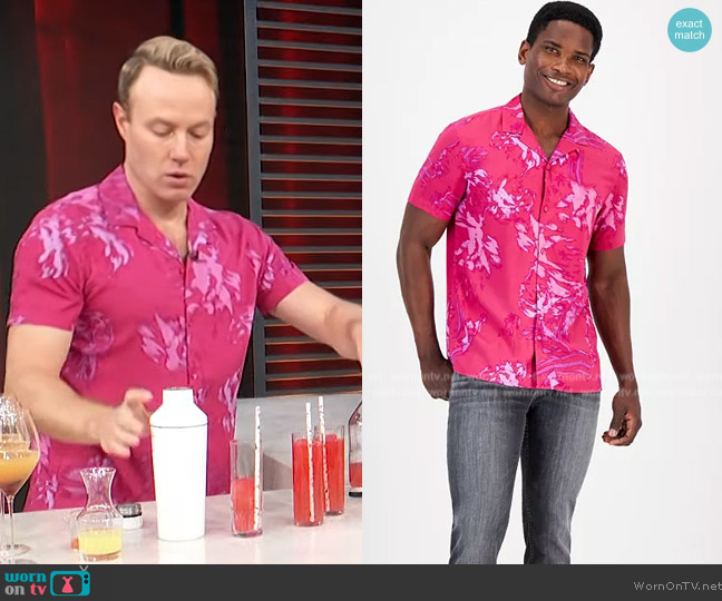 INC International Concepts Abstract Floral-Print Camp Shirt in Ripe Berry worn by Paul Zahn on Access Hollywood