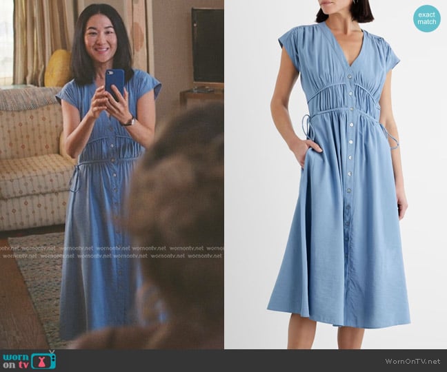 Iris & Ink Jacqueline Shirred Woven Midi Dress In Light Blue worn by Laurel (Jackie Chung) on The Summer I Turned Pretty