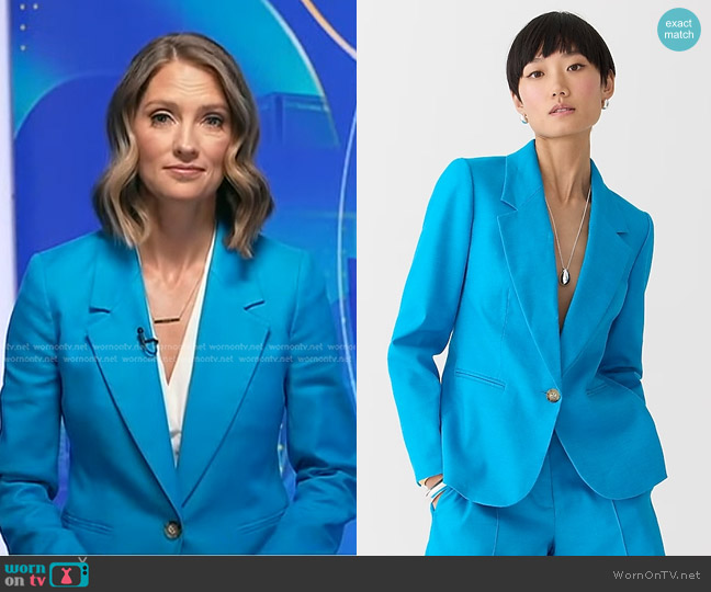 J. Crew Parke Blazer in Stretch Linen Blend Kingfisher worn by Kayna Whitworth on Good Morning America