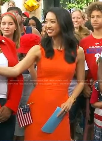 Jaclyn Lee’s orange sleeveless dress on Good Morning America