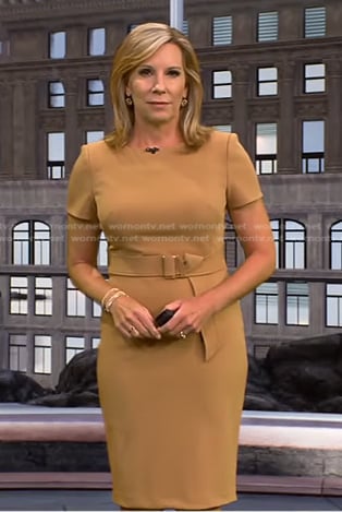 Jacqui Jeras’s camel belted sheath dress on CBS Evening News