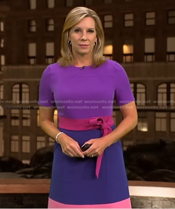 Jacqui Jeras’s purple colorblock dress on CBS Evening News