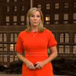 Jacqui Jeras’s red puff sleeve flare dress on CBS Evening News