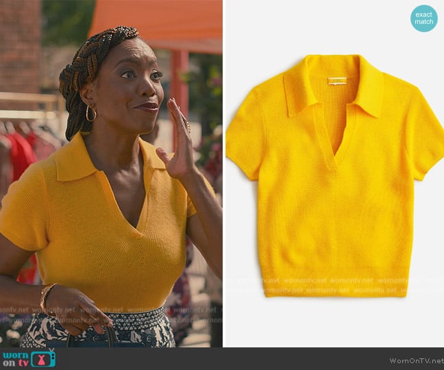 Featherweight cashmere collared short-sleeve sweater by J. Crew worn by Helen Decatur (Heather Headley) on Sweet Magnolias