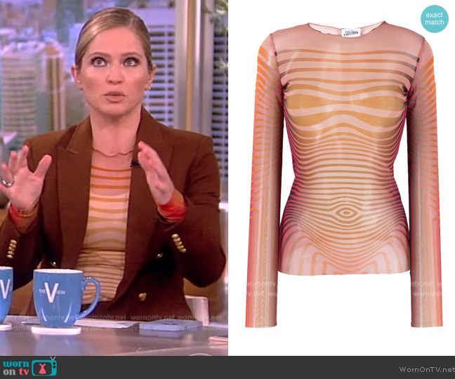 Jean Paul Gaultier stripe-pattern mesh top worn by Sara Haines on The View