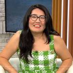 Jenny Han’s green checked tweed dress on CBS Mornings