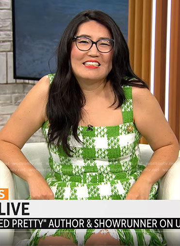 Jenny Han’s green checked tweed dress on CBS Mornings