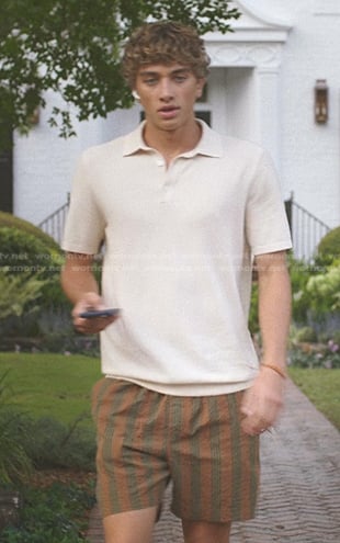 Jeremiah's ivory knit polo shirt and brown striped shorts on The Summer I Turned Pretty