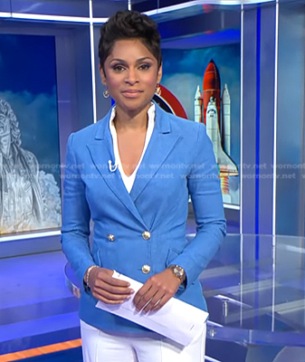 Jericka’s blue double breasted blazer on CBS Evening News
