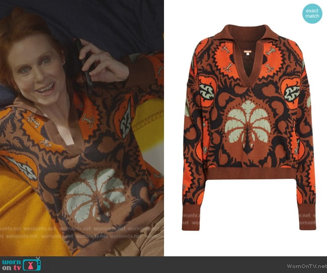 Johanna Ortiz Whimsical Tropical Jacquard Pima Cotton Sweater worn by Miranda Hobbs (Cynthia Nixon) on And Just Like That