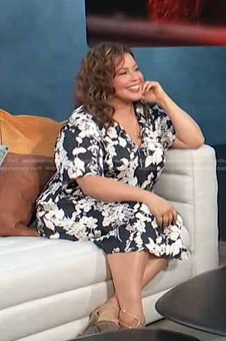 Justina Machado’s navy and white print dress on Access Hollywood