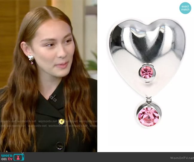 Justine Clenquet Max Pink Crystal Heart Single Drop Earring in Palladium Tone worn by Lola Tung on Live with Kelly and Mark