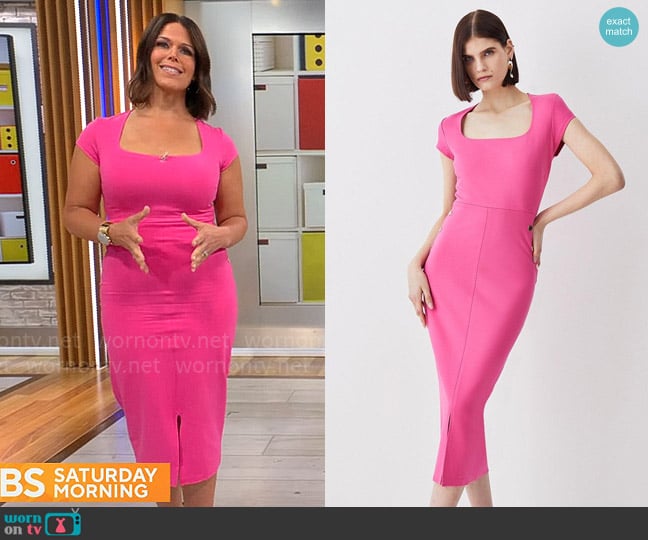 Karen Millen Square Neck Military Trim Ponte Pencil Midaxi Dress worn by Dana Jacobson on CBS Mornings