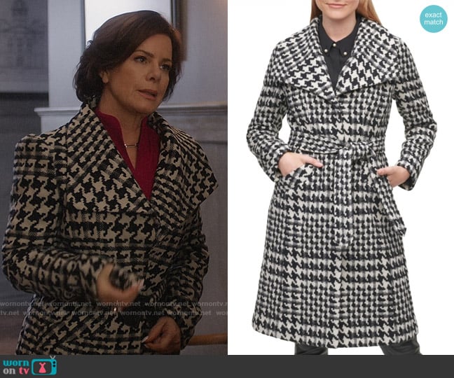 Karl Lagerfeld Paris Houndstooth Women's Single-Breasted Belted Coat worn by Margaret Wright (Marcia Gay Harden) on So Help Me Todd