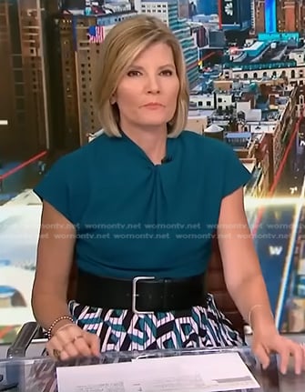 Kate Snow’s geometric print skirt on NBC News Now