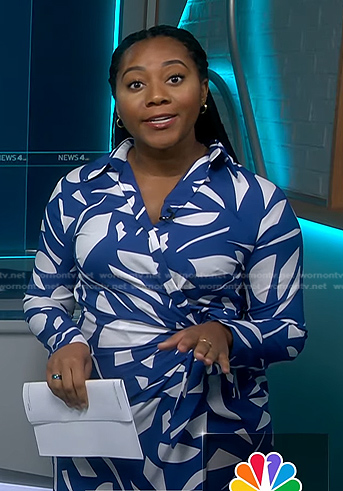 Kay Angrum’s blue and white printed wrap dress on NBC News Daily