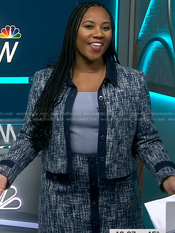 Kay Angrum’s blue tweed jacket and skirt on NBC News Daily