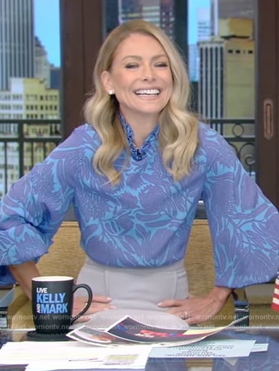 Kelly’s blue floral print blouse on Live with Kelly and Mark