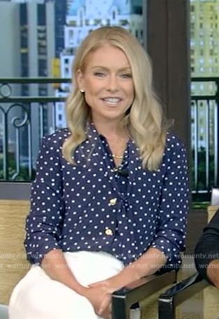 Kelly's blue polka dot tie neck blouse on Live with Kelly and Mark