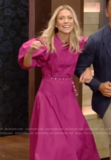 Kelly's pink puff sleeve belted dress on Live with Kelly and Mark