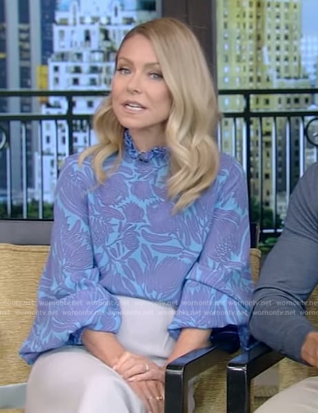 Kelly's blue floral print blouse on Live with Kelly and Mark
