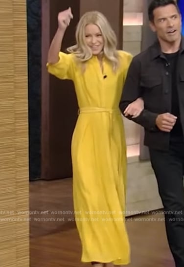 Kelly’s yellow tie waist shirtdress on Live with Kelly and Mark