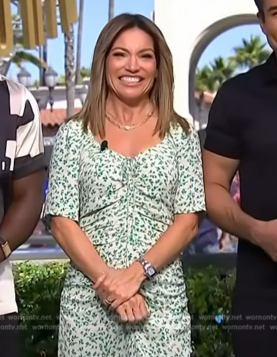 Kit’s green floral print ruched dress on Access Hollywood