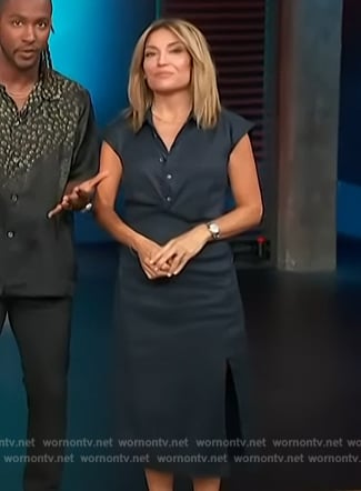 Kit’s navy satin button down dress on Access Hollywood