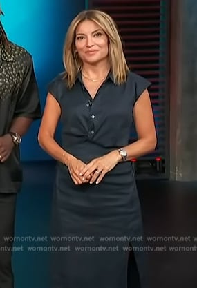 Kit’s navy satin button down dress on Access Hollywood