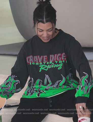 Kourtney's black Grave Digger print sweatshirt on The Kardashians