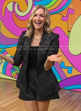 Lara’s black metallic blazer jacket and shorts on Good Morning America