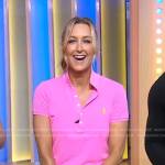 Lara’s pink polo shirt and blue tie dye leggings on Good Morning America